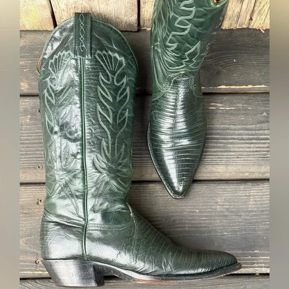 Vintage J.Chisholm for Thieves Market Green Exotic Leather Women's Cowboy Boots - Picture 5 of 10
